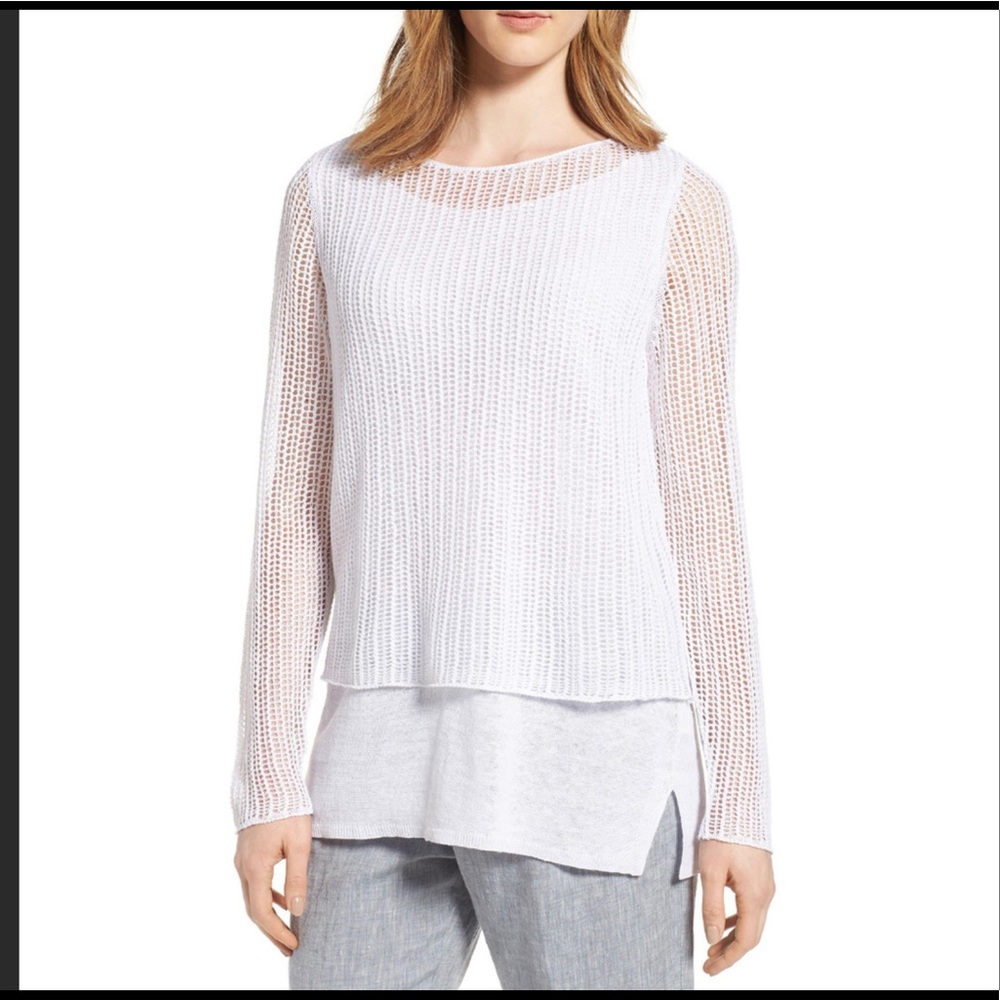 Like New Eileen Fisher white organic linen open weave sleeve & overlay top